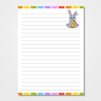 Sheet template for notebook, notepad, diary. Lined paper. Cute character. Easter theme. Isolated vector illustration. cartoon style.