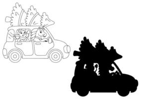 The snowman and the unicorn ride in the car and carry the Christmas tree. Black silhouette. Design element. vector