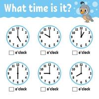 Learning time on the clock. Educational activity worksheet for kids and toddlers. Game for children. Simple flat isolated color vector illustration in cute cartoon style. Vector illustration.