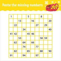 Paste the missing numbers from 1 to 100. Handwriting practice. Learning numbers for kids. Education developing worksheet. Activity page. Isolated vector illustration in cute cartoon style.