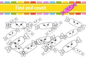 Find and count. Education developing worksheet. Activity page. Puzzle game for children. Birthday theme. Logical thinking training. Isolated vector illustration. cartoon character.