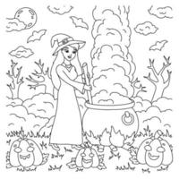 A young witch is brewing a potion in a cauldron. Coloring book page for kids. Cartoon style character. Vector illustration isolated on white background.