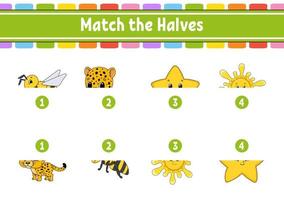 Match the halves. Education developing worksheet. Matching game for kids. Color activity page. Riddle for children. Cute character. Vector illustration. Cartoon style.