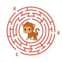 Circle maze. Game for kids. Puzzle for children. Round labyrinth conundrum. Color vector illustration. Find the right path. Education worksheet.