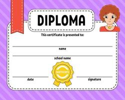 Diploma sertificate template. For school and preschool. For kids and children. Vector illustration.