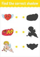 Find the correct shadow. Education developing worksheet. Matching game for kids. Color activity page. Puzzle for children. Cute character. Vector illustration. cartoon style.