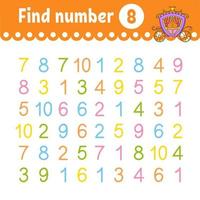 Find number. Education developing worksheet. Activity page with pictures. Game for children. Funny character. cartoon style. Vector illustration.