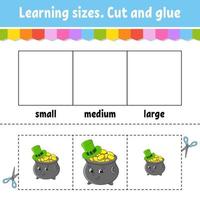 Learning sizes. Cut and glue. Easy level. Color activity worksheet. Game for children. Cartoon character. Vector illustration.