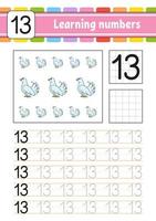Trace and write numbers. Handwriting practice. Learning numbers for kids. Education developing worksheet. Activity page. Vector illustration.