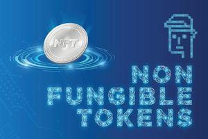 concepto de banner de tokens no fungibles nft futurista con letra conectada al nodo y caricatura de mono vector