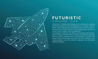Blue futuristic airplane icon concept with polygon node connected dots and neon effect vector