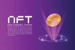 NFT non-fungible tokens wallpaper concept with pixelated font, RGB light and gold NFT coin vector