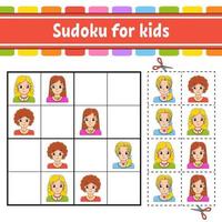 sudoku para niños. hoja de trabajo de desarrollo educativo. página de actividades con imágenes. juego de rompecabezas para niños. entrenamiento del pensamiento lógico. personaje divertido ilustración vectorial vector