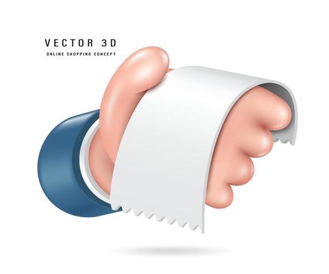 Cashier's left hand is handing you a paper receipt or tax invoice,vector 3d isolated on white background with minimalist style cute cartoon style for business and online shopping advertising design