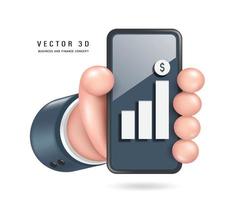 la mano izquierda de un hombre de negocios con un traje oscuro sostiene un smartphone con un gráfico de acciones que sube en la pantalla, estilo minimalista vectorial 3d lindo para diseñar anuncios sobre negocios, finanzas e inversiones vector