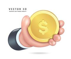 mano sosteniendo una moneda de oro o una moneda de un dólar, vector 3d aislado en fondo blanco para diseñar materiales publicitarios sobre negocios financieros o comercio en plataformas digitales de estilo minimalista