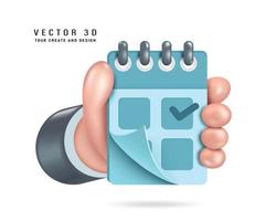 mano que sostiene el vector 3d del calendario azul pastel aislado en el fondo blanco para diseñar medios relacionados con la fecha, hora, cita o período de promoción para compras, estilo mínimo vectorial