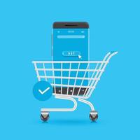 cursor press on buy icon on the smartphone screen and all on the shopping cart vector