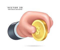 mano sosteniendo una moneda de oro o una moneda de un dólar, vector 3d aislado en fondo blanco para diseñar materiales publicitarios sobre negocios financieros o comercio en plataformas digitales de estilo minimalista