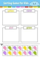 Sorting game. Shapes and colors. Cut and glue. Education developing worksheet. Game for kids. Color activity page. Puzzle for children. Cute character. Vector illustration. cartoon style.