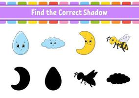 Find the correct shadow. Education developing worksheet. Matching game for kids. Color activity page. Puzzle for children. Cute character. Vector illustration. Cartoon style.