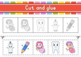 Cut and play. Paper game with glue. Flash cards. Education worksheet. Activity page. Scissors practice. Isolated vector illustration. cartoon style.