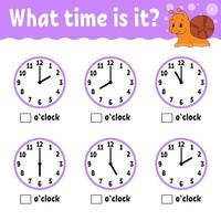 Learning time on the clock. Educational activity worksheet for kids and toddlers. Game for children. Simple flat isolated color vector illustration in cute cartoon style. Vector illustration.