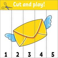 Learning numbers 1-5. Cut and play. Education worksheet. Game for kids. Color activity page. Puzzle for children. Riddle for preschool. Vector illustration. cartoon style.