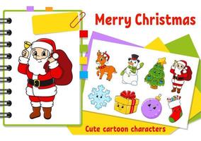 Set of stickers with cute cartoon characters. Winter clipart. Christmas theme. Colorful pack. Vector illustration. Patch badges collection for kids. For daily planner, organizer, diary.