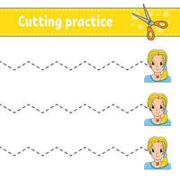 Cutting practice for kids. Education developing worksheet. Activity page. Color game for children. Vector illustration.