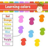 Learning colors. Education developing worksheet. Activity page with pictures. Game for children. Funny character. cartoon style. Vector illustration.