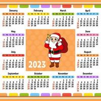 calendario para 2023 con un lindo personaje. diseño divertido y brillante. estilo de dibujos animados ilustración vectorial vector