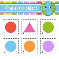 Find extra object. Educational activity worksheet for kids and toddlers. Game for children. Cute characters. Vector illustration.