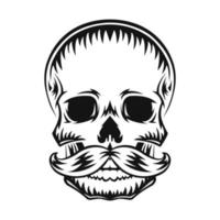 Human skull with mustache. Black silhouette. Design element. Hand drawn sketch. Vintage style. Vector illustration.