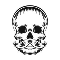 Human skull with mustache. Black silhouette. Design element. Hand drawn sketch. Vintage style. Vector illustration.