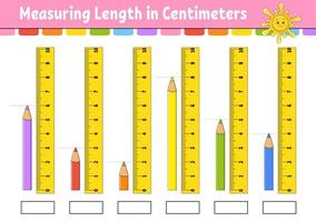 medir la longitud en centímetros con regla. hoja de trabajo de desarrollo educativo. juego para niños página de actividades de colores. rompecabezas para niños. lindo personaje ilustración vectorial estilo de dibujos animados vector