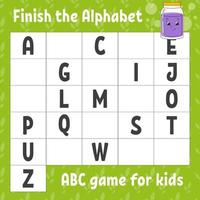 Finish the alphabet. ABC game for kids. Education developing worksheet. Learning game for kids. Color activity page. vector