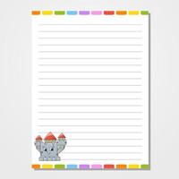 Sheet template for notebook, notepad, diary. Lined paper. Cute character. With a color image. cartoon style. Vector illustration.