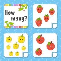 Counting game for children. Happy characters. Learning mathematics. How many object in the picture. Education worksheet. With space for answers. Isolated vector illustration in cute cartoon style.