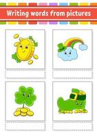 Writing words from pictures. Education developing worksheet. Activity page for kids. Puzzle for children. Isolated vector illustration. cartoon characters. St. Patrick's day.