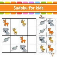 sudoku para niños. hoja de trabajo de desarrollo educativo. página de actividades con imágenes. juego de rompecabezas para niños. entrenamiento del pensamiento lógico. ilustración vectorial aislada. personaje divertido. estilo de dibujos animados. vector