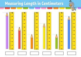 medir la longitud en centímetros con regla. hoja de trabajo de desarrollo educativo. juego para niños página de actividades de colores. rompecabezas para niños. lindo personaje ilustración vectorial estilo de dibujos animados vector