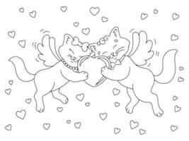 Cute couple of cats with wings. Coloring book page for kids. Cartoon style character. Vector illustration isolated on white background. Valentine's Day.