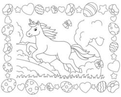 A cheerful unicorn jumps across the clearing. Easter frame. Coloring book page for kids. Cartoon style character. Vector illustration isolated on white background.