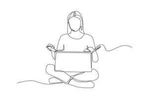 Single one line drawing a woman unboxing his cardboard. Giving season go concept. Continuous line draw design graphic vector illustration.