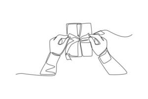 Single one line drawing top of view hand wrapping the gift. Giving season go concept. Continuous line draw design graphic vector illustration.