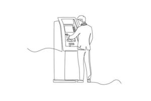 Continuous one line drawing businessman doing transaction at the ATM. ATM machine concept. Single line draw design vector graphic illustration.