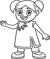 Happy Chinese Girl Isolated Coloring Page vector