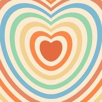 Heart shaped concentric stripes in retro groovy style. Hypnotic tunnel. 70s psychedelic rainbow retro background vector