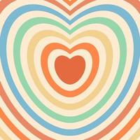 Heart shaped concentric stripes in retro groovy style. Hypnotic tunnel. 70s psychedelic rainbow retro background vector